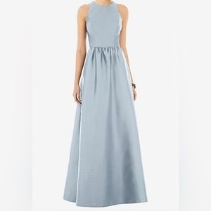 Alfred Sung sleeveless keyhole back satin maxi dress in mist & mist size 8 R
